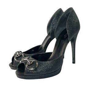 GUCCI Charcoal Gray Glitter Sparkle Horsebit Open Toe Stilletto Heels Women 35